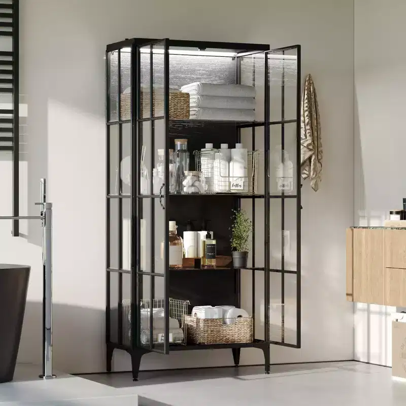 FUFU&GAGA FUFU&GAGA70.9H Bookshelf Bookcase Display Curio Cabinet Pantry Tempered Glass Showcase Cabinet for Living Room Metal, Wood & LED