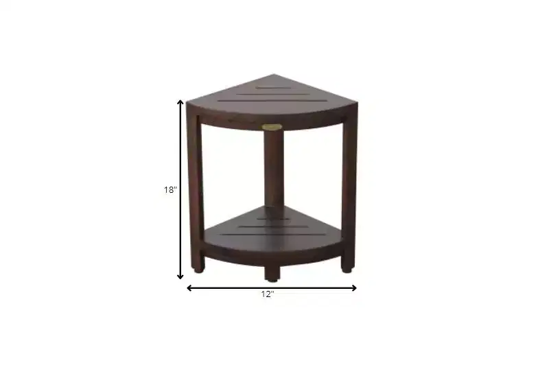 HomeRoots Compact Triangular Teak Shower Outdoor Bench With Shelf In Brown Finish