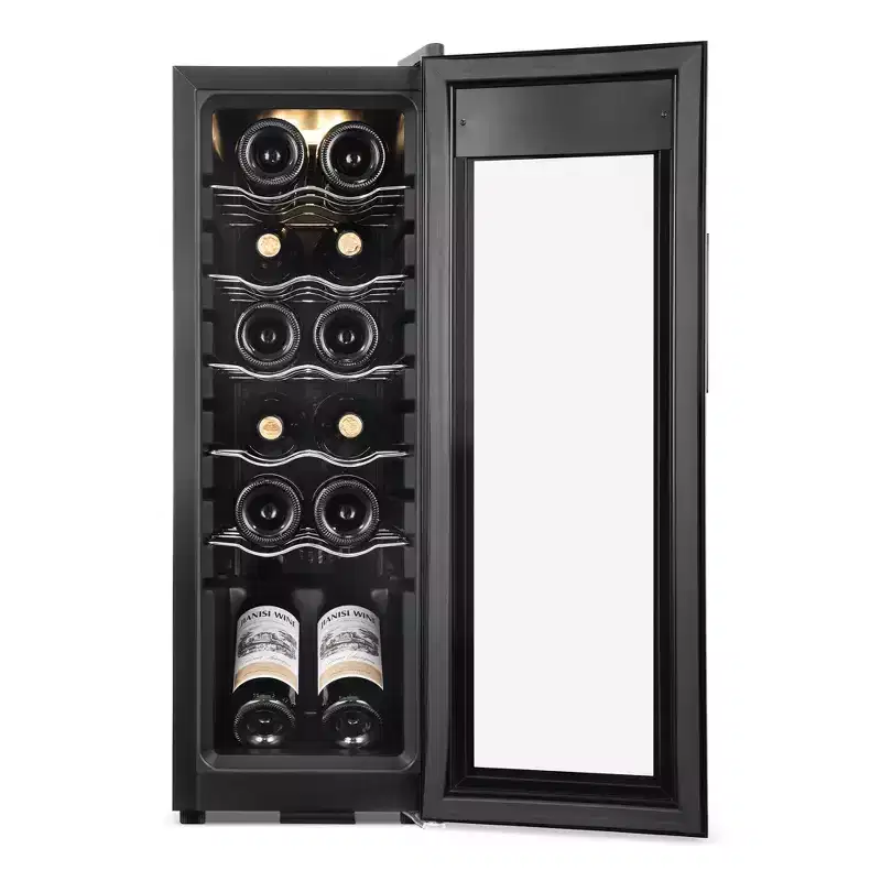 Denjol 10.7 in. Wine Cooler 12 Bottle Freestanding Wine Refrigerator with Door Lock, Black