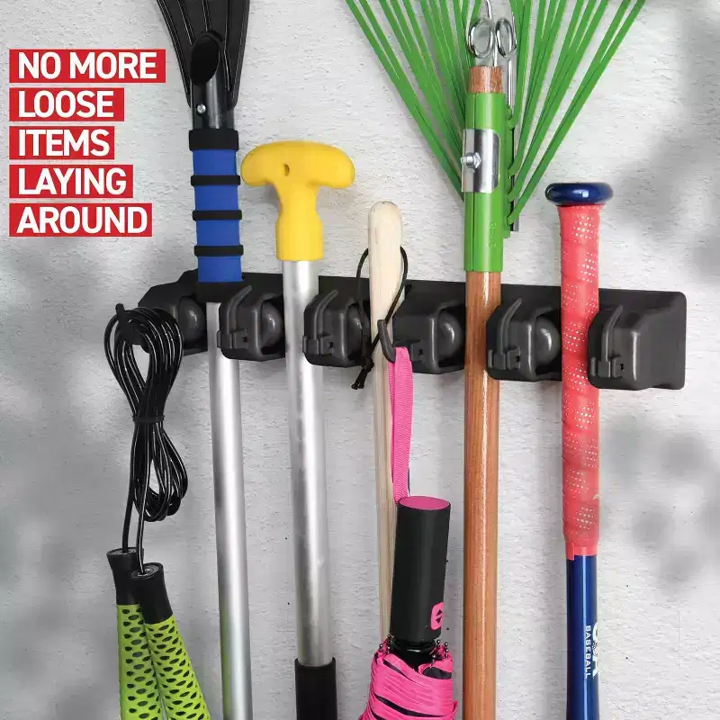 2-Pack Mop and Broom Holder Wall Mount – 5 Slots, 6 Hooks, 7.5lbs Capacity, for Garage, Kitchen, Laundry Room, Black