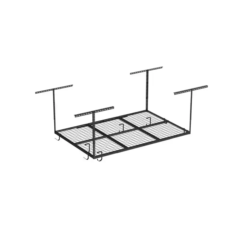 4'x6' Overhead Garage Ceiling Storage Rack with 8 Accessory Hooks, Black, 450 lb Capacity