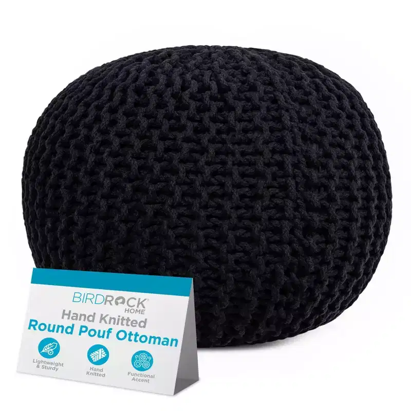 BirdRock Home Round Pouf Foot Stool Ottoman - Black