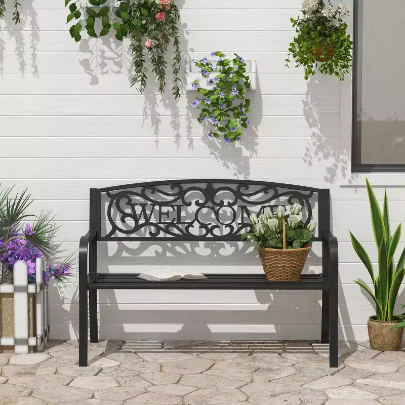 50 Inches Outdoor Metal Welcome Bench, Garden Bench with Slatted Seat, Black Patio Bench