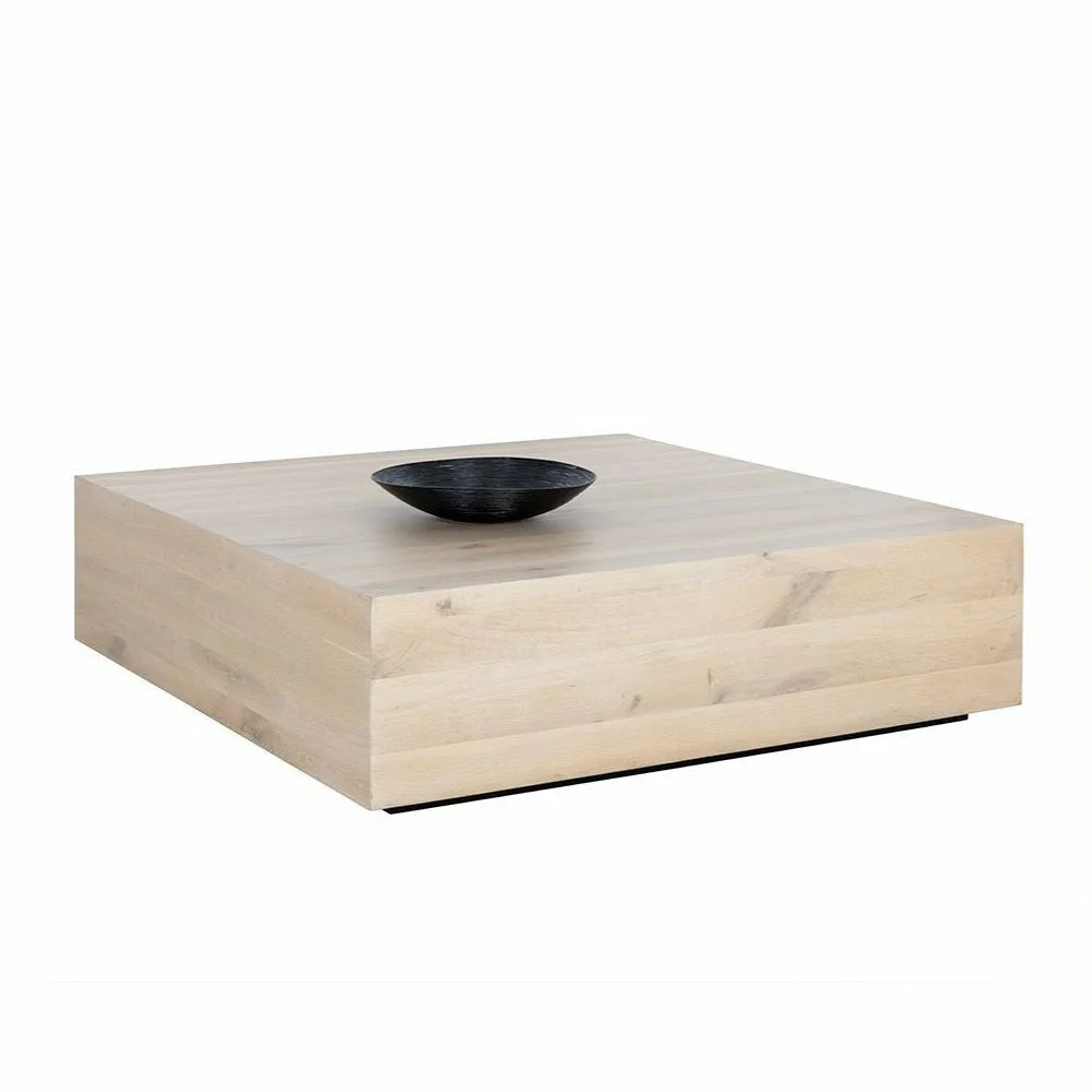 Modern Solid Oak Wood Coffee Table with Whitewash Square Top & Minimalist Frame for Living Room