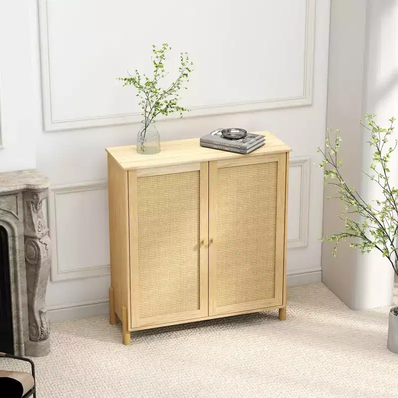 Mid-Century Rattan Storage Cabinet with Adjustable Shelves & Solid Wood Legs - 35.4 in. W
