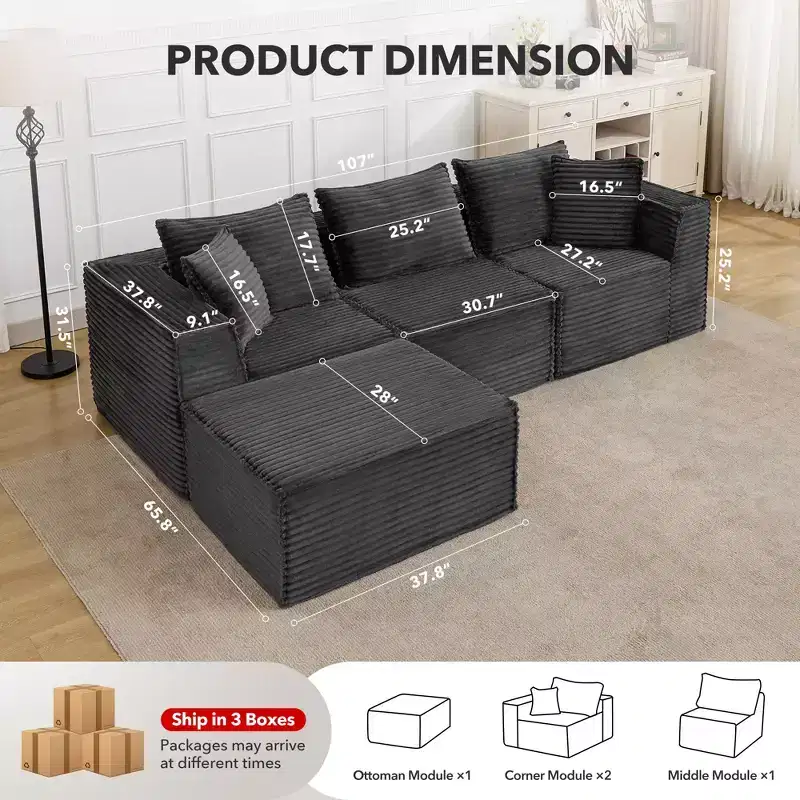 107 Modular Sectional Sofa,Modern Cloud Sectional Couch with Deep Seat, L-Shape Boneless Couch with Chaise for Living Room Apartments Bedroom