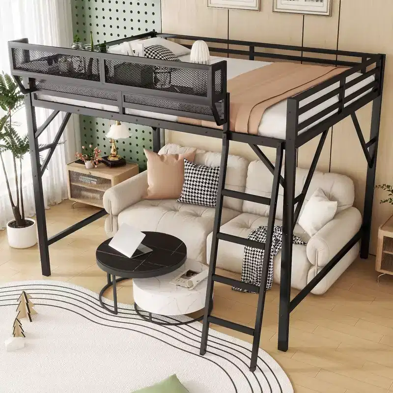 Okak Queen/Full Metal High Loft Bed with Ladder & Storage Shelves,Contemporary Bed Frame for Bedroom,Apartments