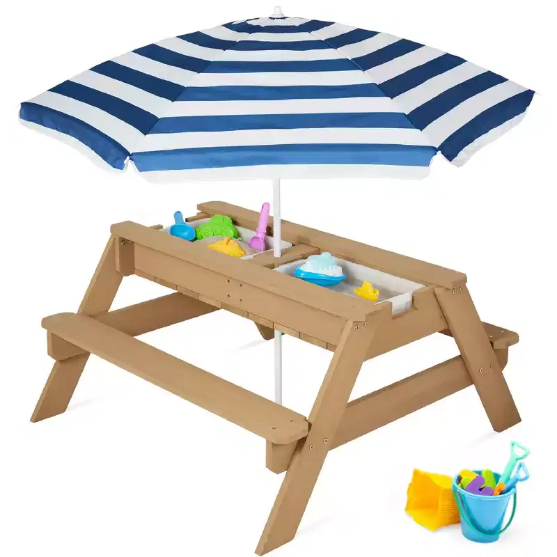 Kids Outdoor Sand and Water Activity Picnic Table with Umbrella