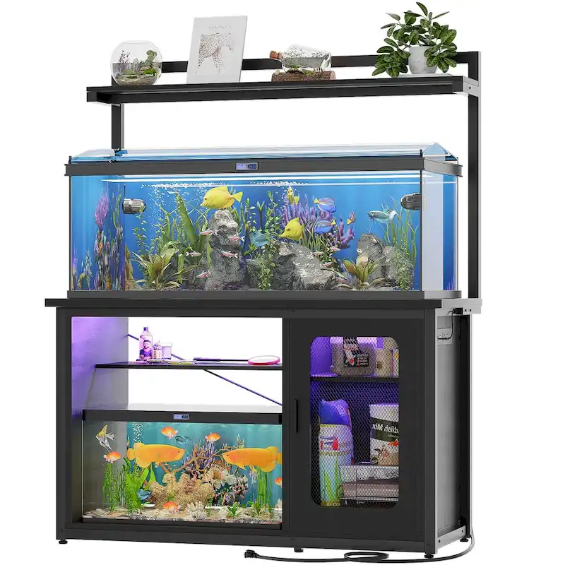Heavy Duty Aquarium Stand with Reversible Cabinet, 55-75 Gallon Fish Tank Stand with Power Outlets & LED Light