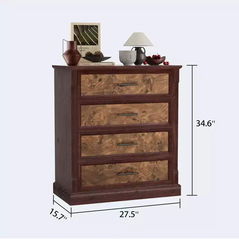 4 Drawer Dresser for Bedroom, 34.6''H Wooden Chest of Drawers with Metal Handles, Clothes Storage Organizer, Dresser Narrow Nightstand for Bedroom