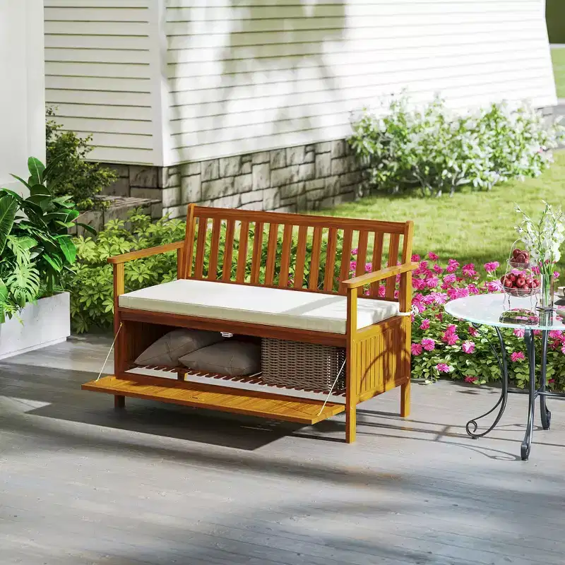 Outsunny Outdoor Bench with Storage Compartment, Acacia Wood Patio Bench with Cushion, 2 Seater Garden Bench for Park Balcony, Teak