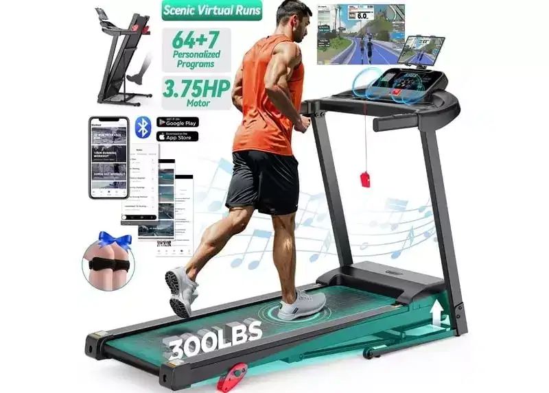 Inclined Treadmill w/ 300lb Capacity,3.75HP Folding Treadmill for Home,71 Program,APP Control,7.5MPH,HiFi Speaker,Shock-Absorbing, Knee Strap Gift