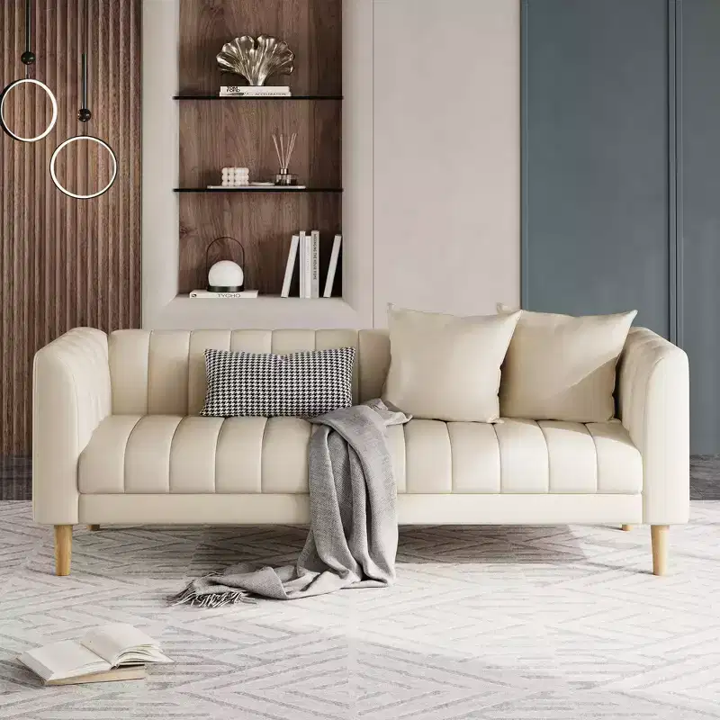 Faux Leather Sofa Couch, Modern 78 W Sofa with Deep Seats, 3 Seater Sofa Couch with 2 Throw Pillows and Wood Legs, Easy Assembly