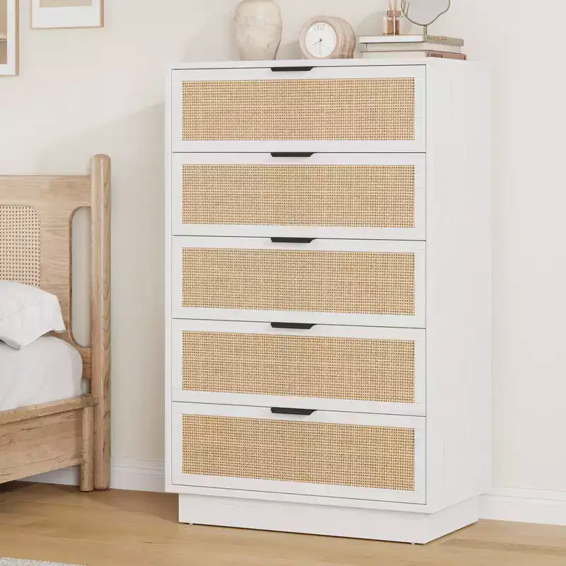 Rattan 5 Drawer Dresser, 46.7in Tall Antique White 5 Chest of Drawers with Metal Handles and Wooden Sturdy Base for Bedroom Living Room Nursery