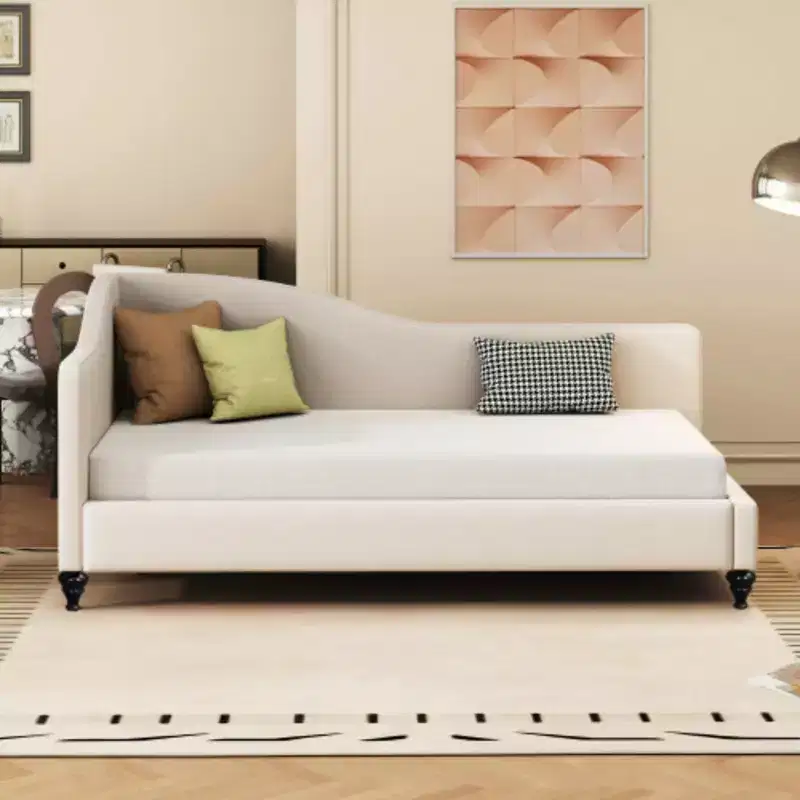 Twin Size L-Shaped Linen Daybed, with Solid Wood Legs