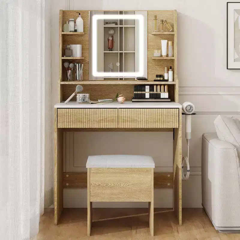 Makeup Vanity Desk With Mirror And Lights, 31.4 Dressing Table With Power Outlet And Storage Stool