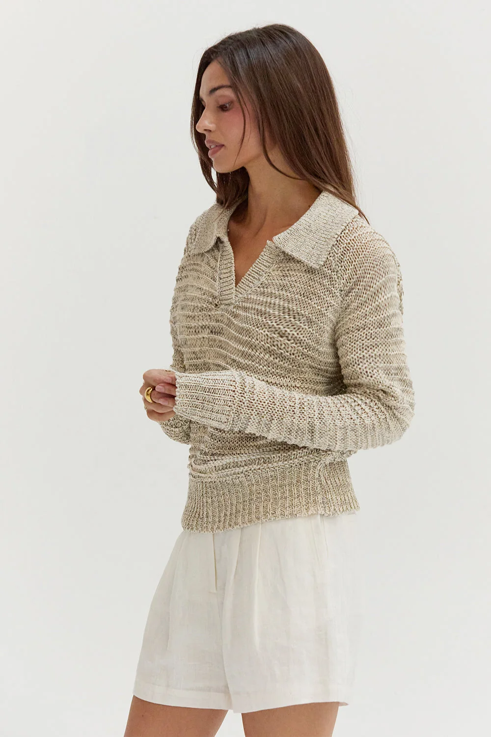 Marled Polo Collar V-Neck Knit Sweater Long Sleeve Relaxed Fit