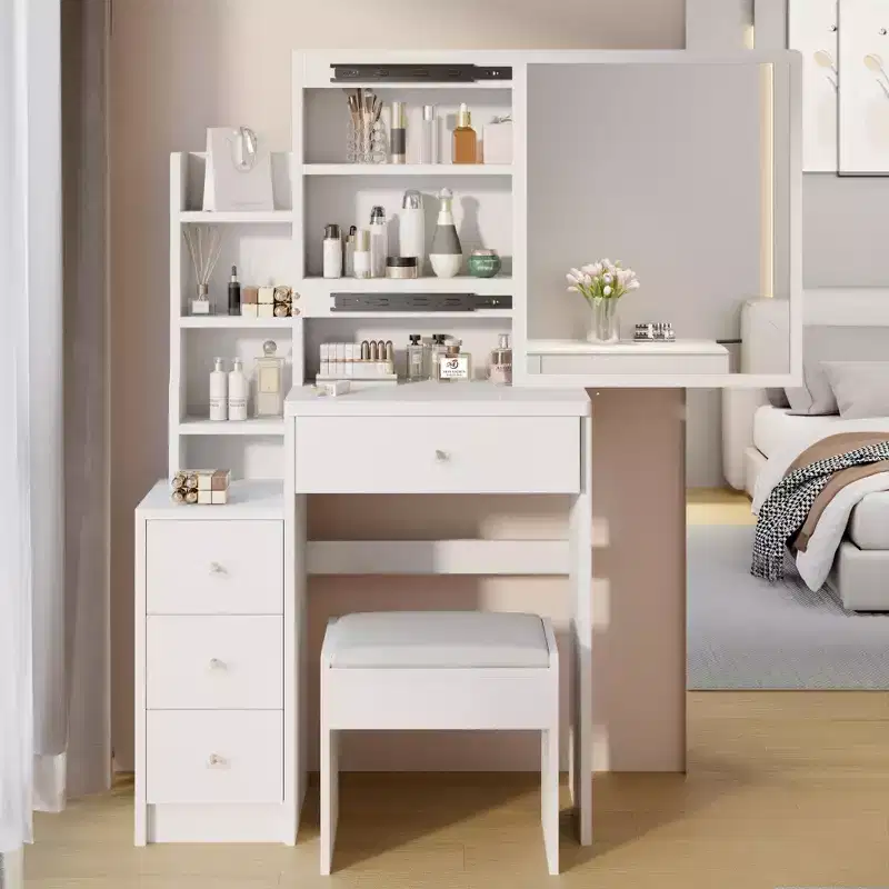Space-Saving Vanity Desk with Cushioned Stool and Sliding Mirror, White