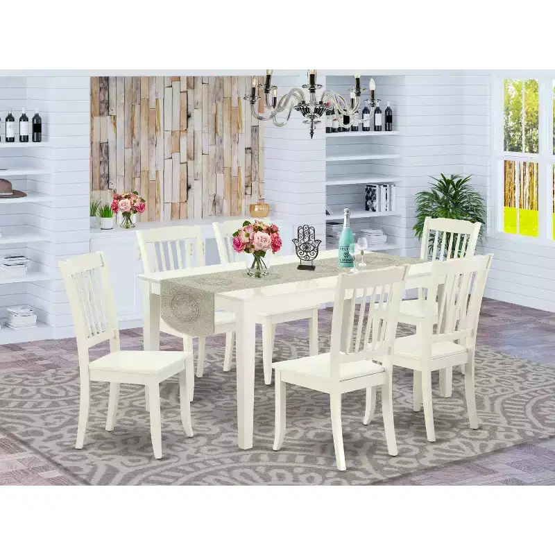 HomeStock Linen White 7 Piece Kitchen Table Set Rectangle Table and 6 Chairs