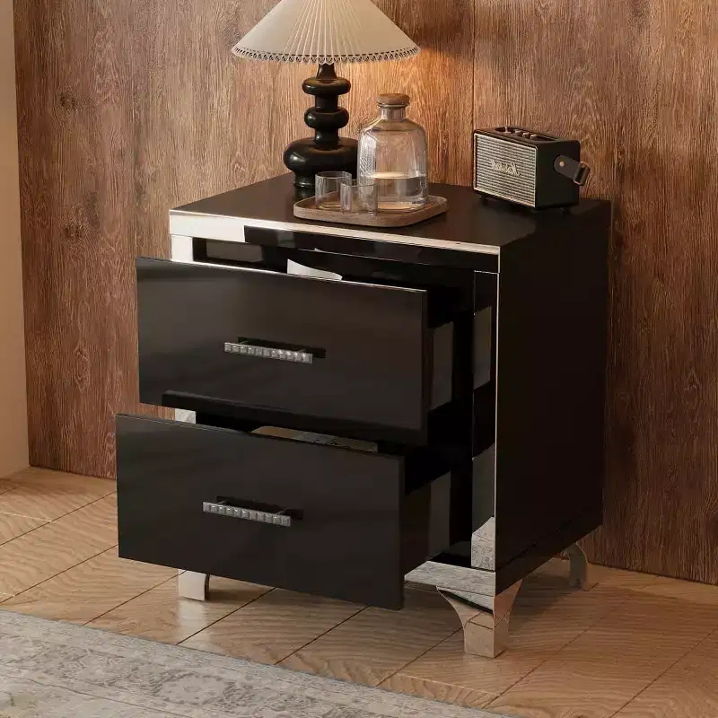 Modern High Gloss Nightstand with 2 Drawers, Elegant Bedside Table with Metal Legs and Handles - Panipeachy