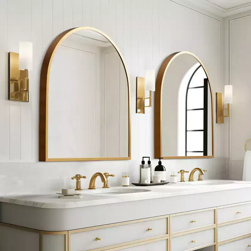 Golden Wall Mirror with Thin Edge, Aluminum Alloy, Right Angle Arch-shaped Design