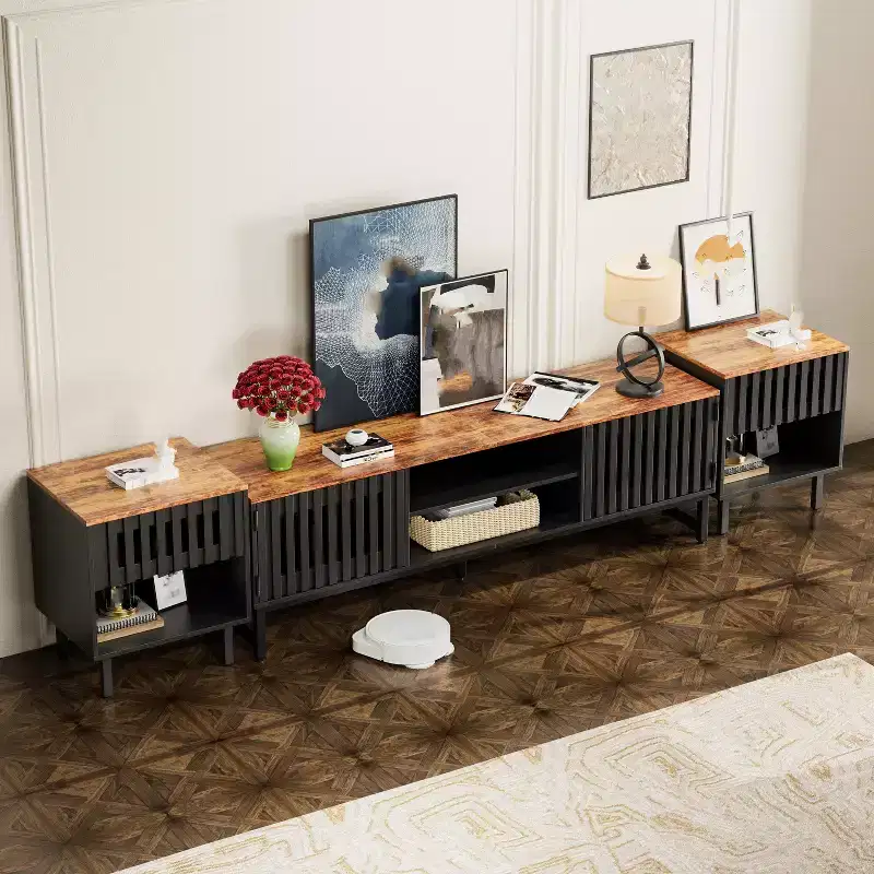63-inch Modern TV Stand with Slatted Grille Doors and Storage