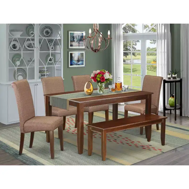 Rustic Kitchen Table Set 6 Chairs Bench Linen Brown Farmhouse Dining Room Furniture