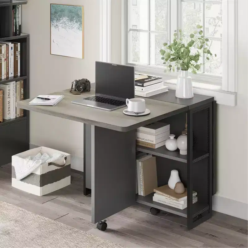 Folding Dining Table on Wheels with 2 Storage Shelves and Drop Leaf Top, 6 Locking Casters, Light Wood Grain