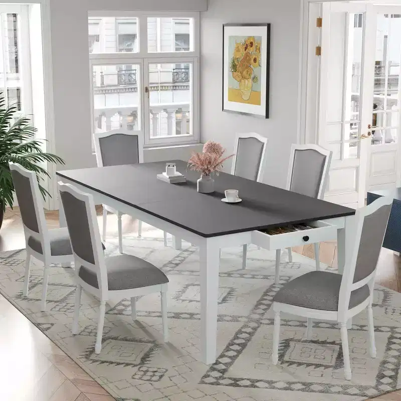 MAYEERTY 7-Piece Rustic Extendable Dining Table Set, 78.1 Table with 18 Leaf & 2 Drawers, 6 Upholstered Chairs, Dark Gray + White