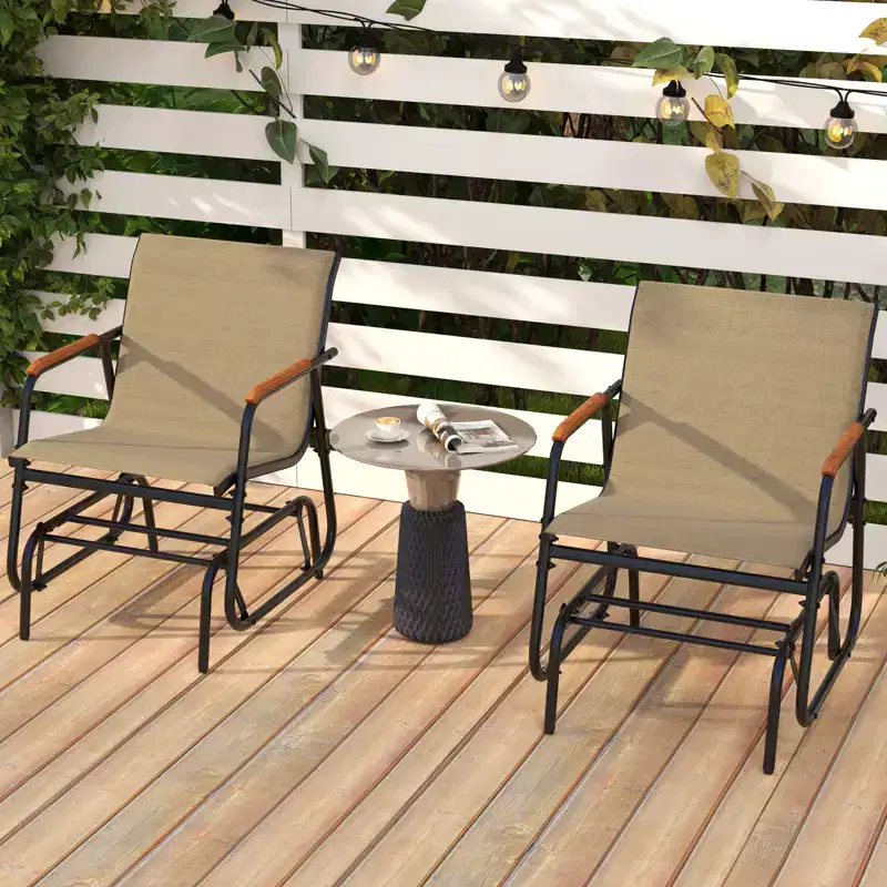 Costway Patio Glider Chair Set of 2 w/ Curved Teak Armrests & Breathable Fabric Seat