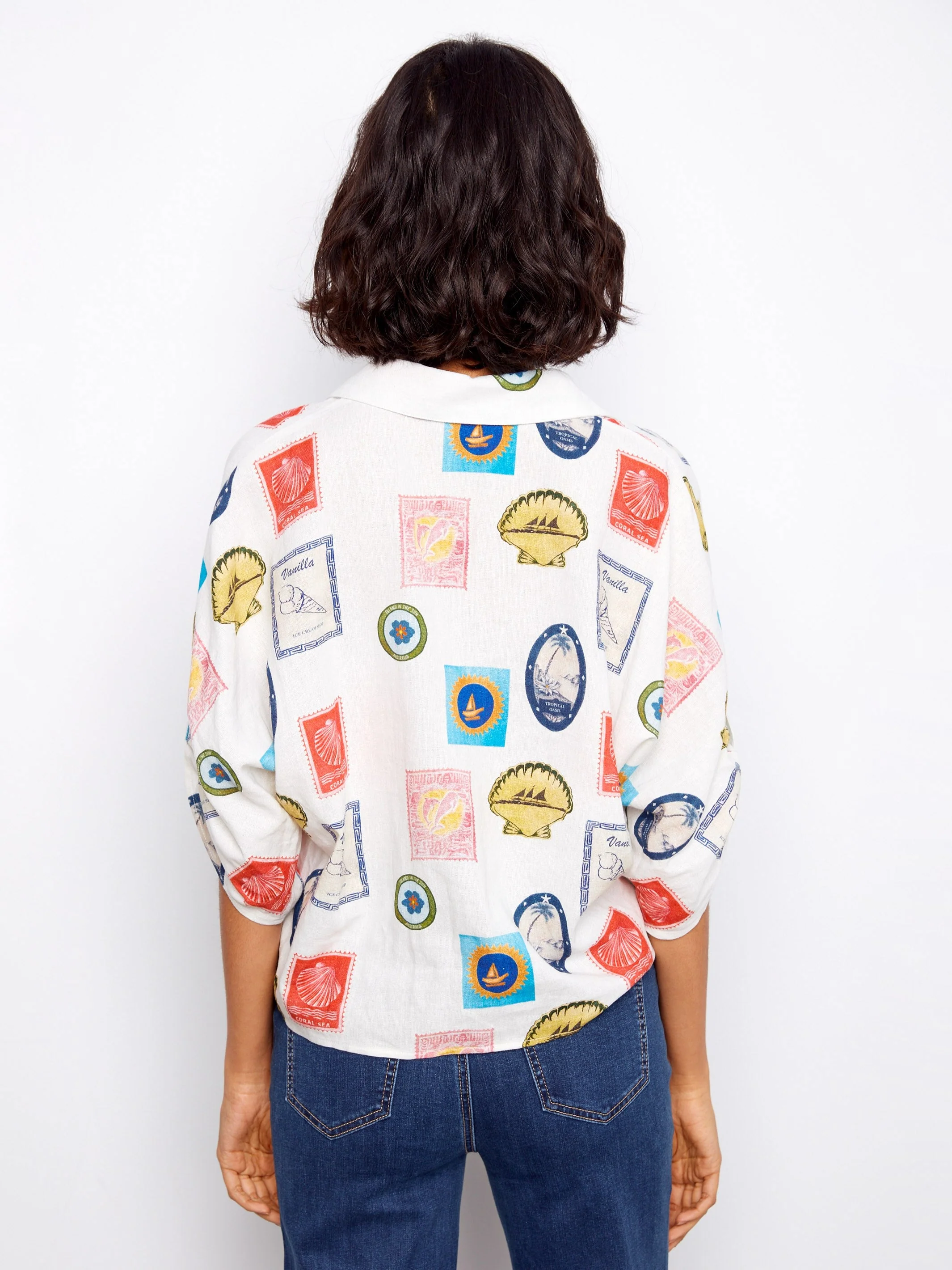 Printed Linen Blend Front-Tie Blouse - Graphic Print