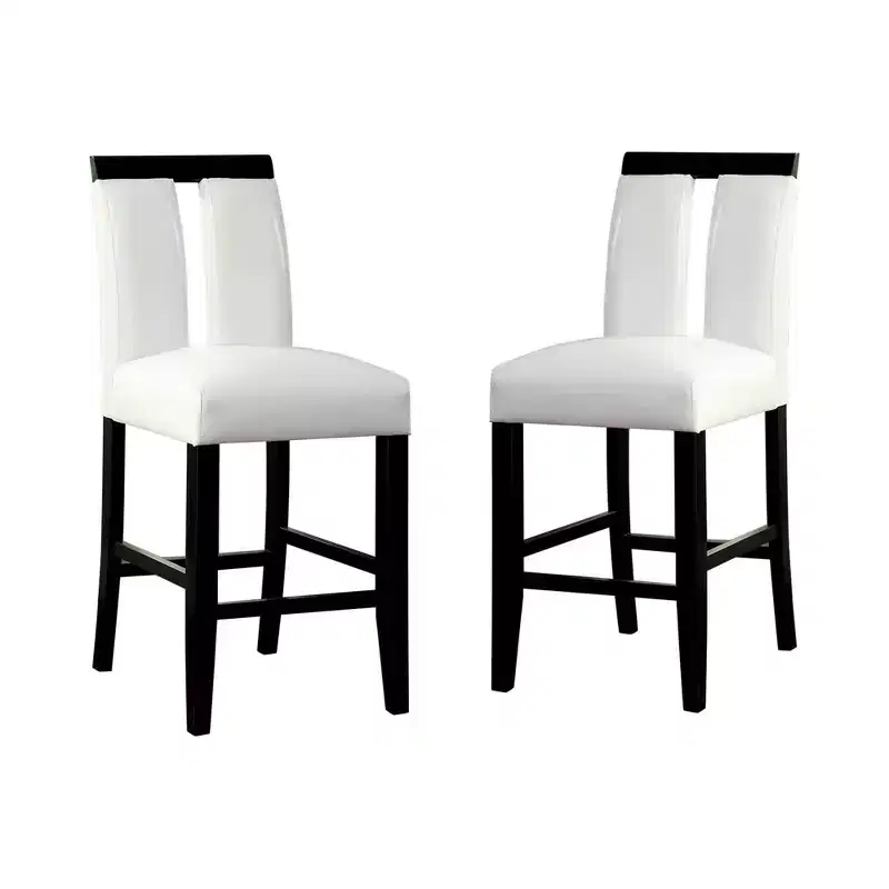 Set of 2 White Faux Leather Padded Counter Height Barstools with Open Slit Back, Black/White