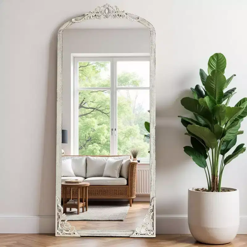 Carved Flower Solid Wood Full-Length Mirror, Weathered White, 170x70cm, Wall Mount