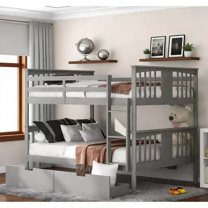 Full Over Full Wood Bunk Bed with 2 Under-Bed Storage Drawers, Sturdy Bed Frame for Bedroom, Gray.