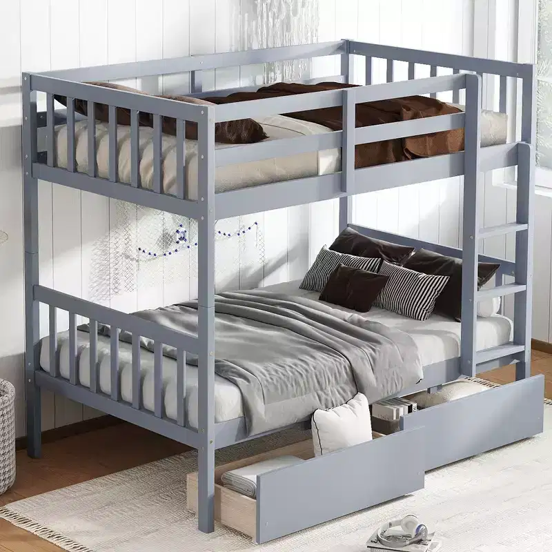 Twin Over Twin Rubber Wood Bunk Bed with Drawers Loft Bunk Bed with Ladder & Safety Guardrail for Teens, Convertible into 2 Twin Beds