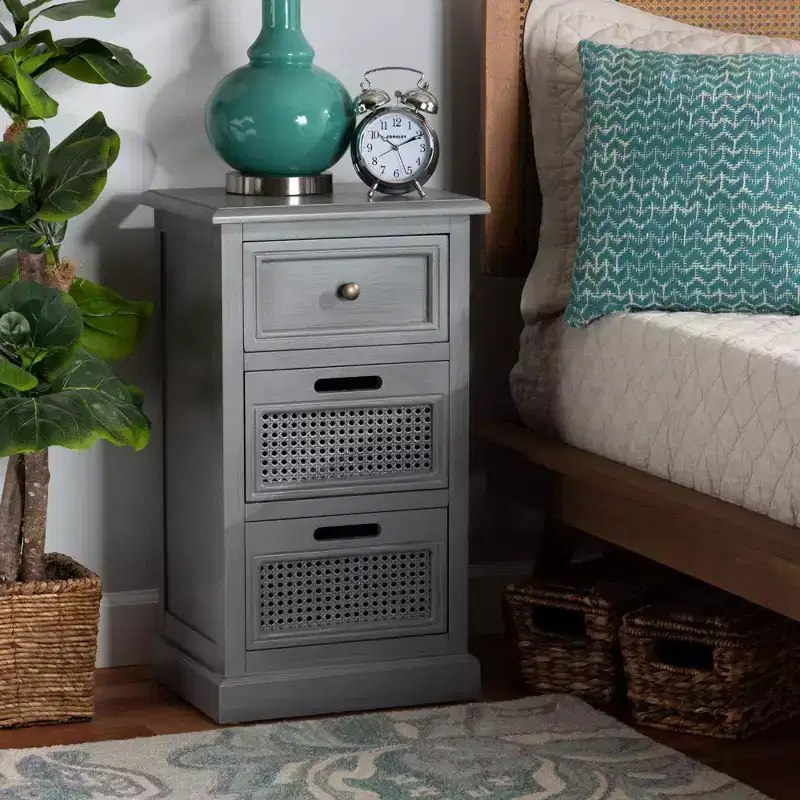 3-Drawer Nightstand with Rattan Drawer Fronts, Gray