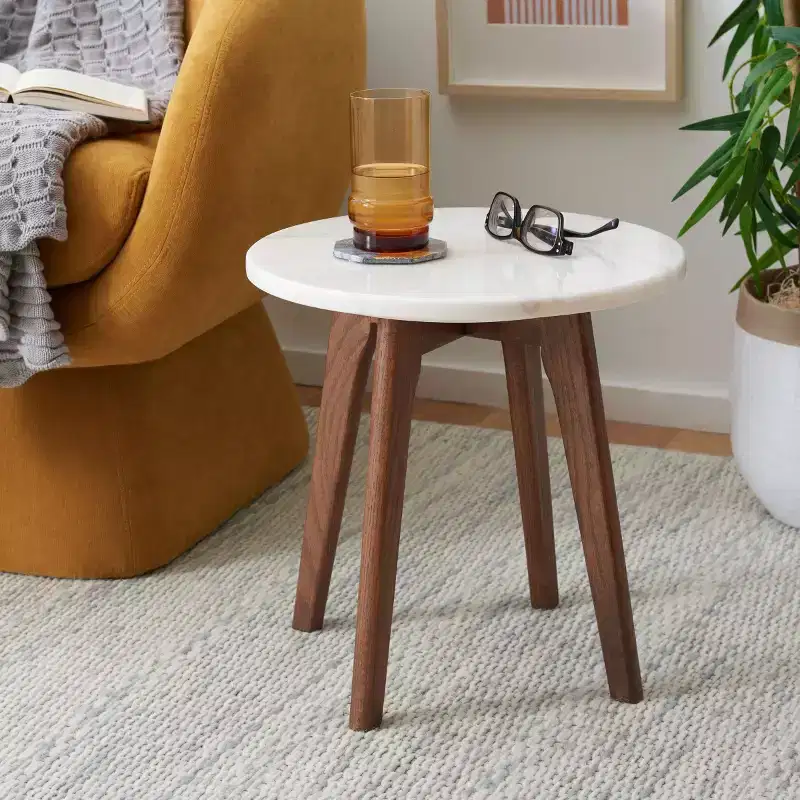 Marini Round Marble End Table - ACC8100 - Marble/Walnut - Safavieh