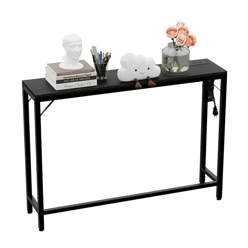 Narrow Black Console Table for Entryway or Sofa Back  Slim Metal and Wood Accent Table for Living Room, Bedroom