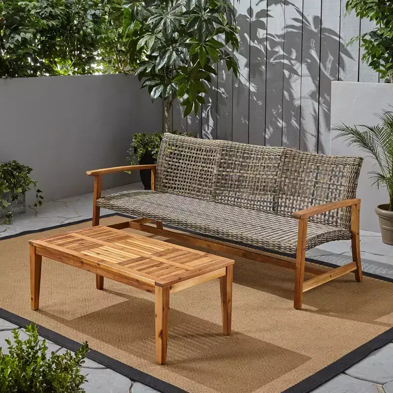 Christopher Knight Home Sewell Outdoor Acacia Wood and Wicker 3 Seater Sofa and Coffee Table Set
