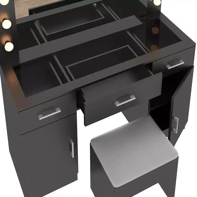 Black Linen Particleboard with Triamine 3 Drawers, 2 Doors, with 12 Tri-color Dimmable Light Bulbs, Rows of Plugs, Glass-topped Vanity Table Set