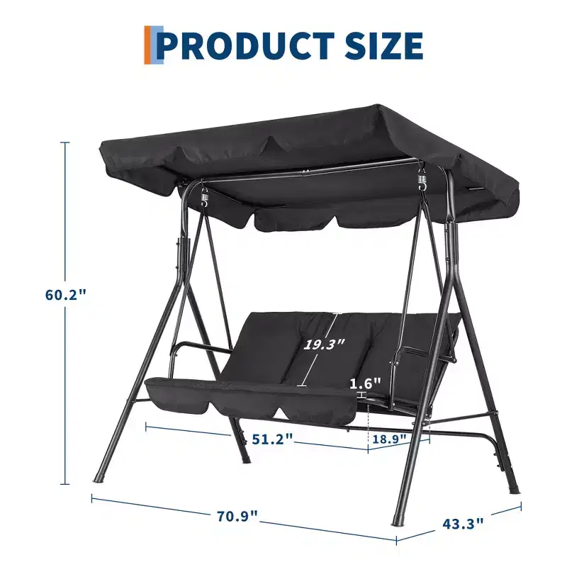 Outdoor Swing Chair with Adjustable Canopy, 3-Person Outdoor Patio SwingChair with Adjustable Tilt Shade, Porch Swing 3 Seater with Canopy
