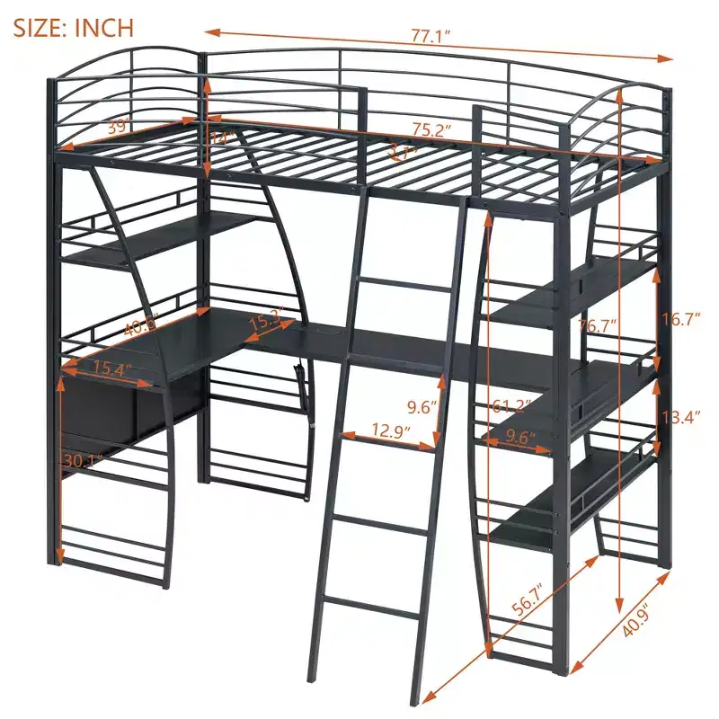 Twin Size Loft Bed with Desk and Bookcase with Metal Frame, Loft Bed with Desk and Storage, Black