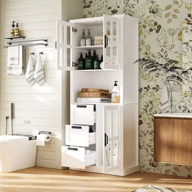 Tall Bathroom Storage Cabinet with Glass Doors & Drawers for Towels & Toiletries