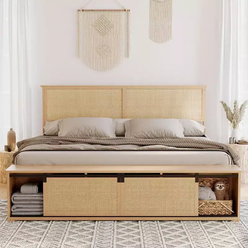 DobleePy King Size Natural Rattan Bed Frame with Sliding Barn Door Storage & LED Headboard, Boho Farmhouse Platform Bed, No Box Spring Needed