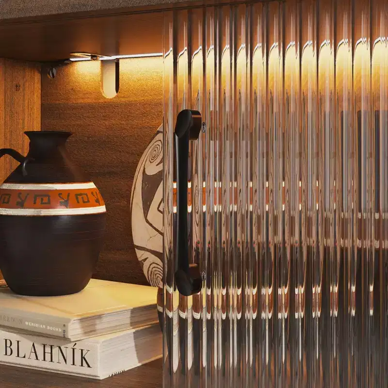 Famapy Dark Walnut Accent Cabinet with Fluted Glass & Adjustable LED Lighting