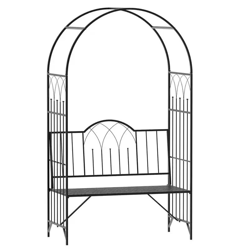 Outsunny Metal Trellis Arbor Arch for Climbing Plants with Garden Bench, Grow Grapes & Vines, Interlacing Decorative Seating, Black