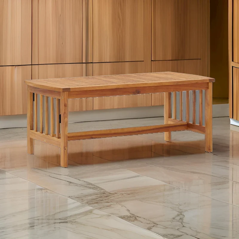 Rectangular Slatted Coffee Table in Brown Acacia Wood, 40 Inch
