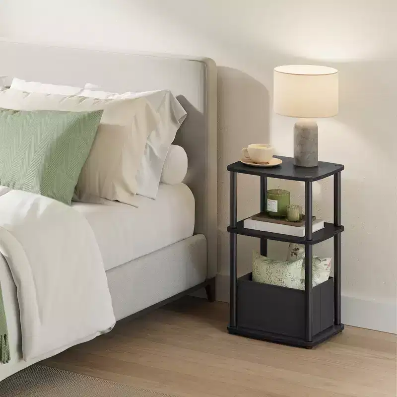 Black 3-Tier End Table with Fabric Basket – Steel Frame, Single