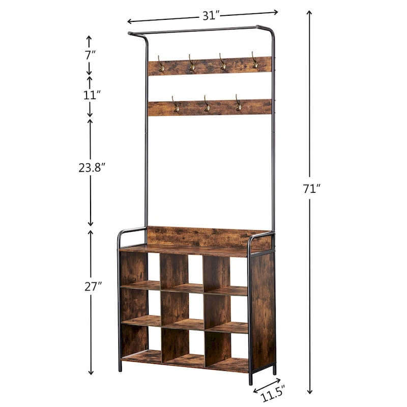 Antique Brown Wooden 3 in 1 Hall Tree, Entry Shoe Rack with Clothes Rack and 7 Hooks