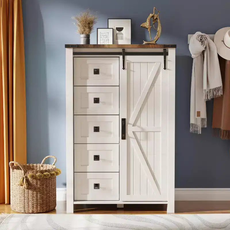 Farmhouse Modern 5 Drawer Tall Dresser w/Sliding Barn Door, Storage Organizer Dresser for Bedroom, Living Room & Kids Room